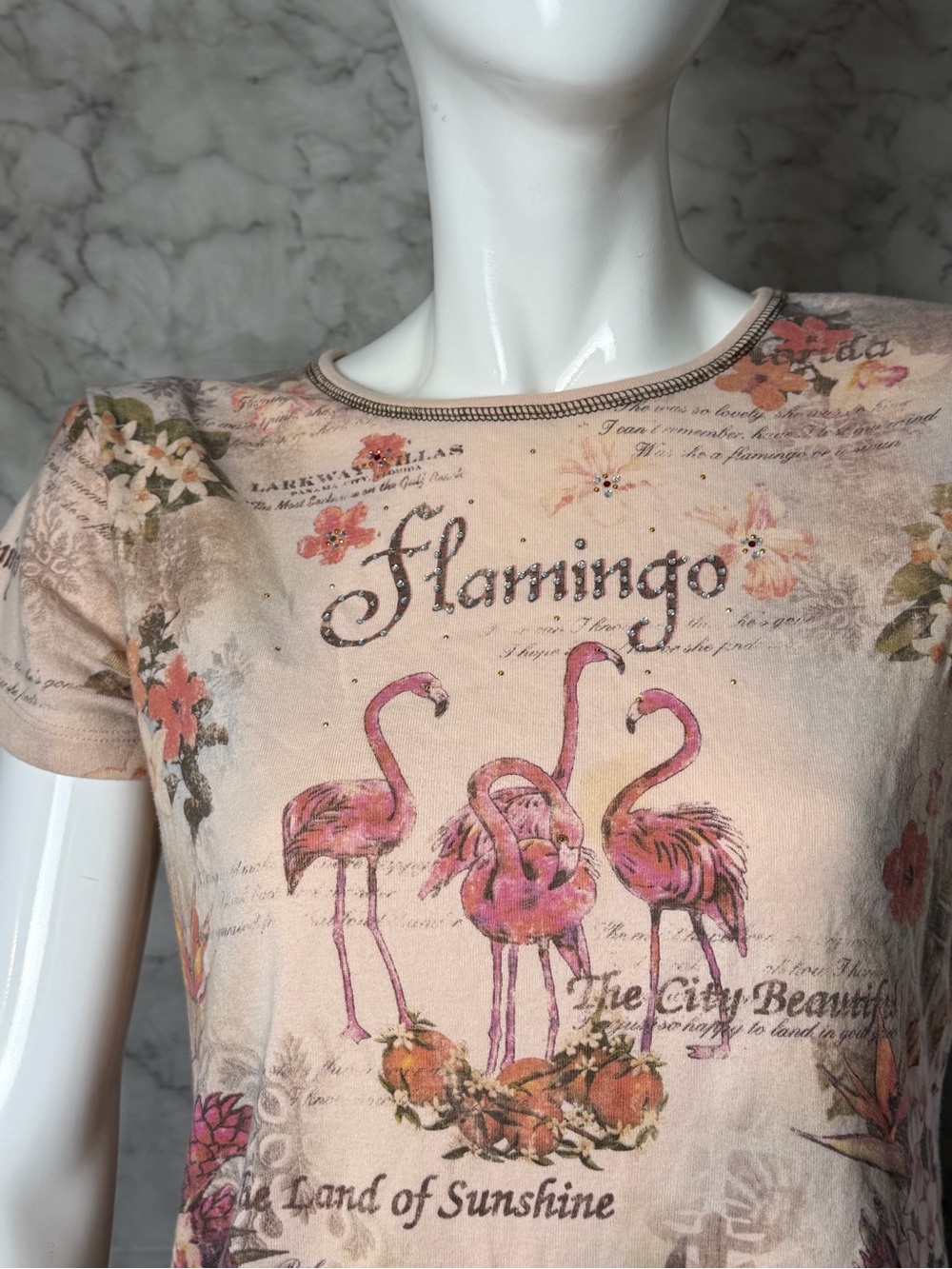 Y2K Rhinestone Flamingo Graphic Tee Vacation Tropical Novelty Bling Peach L Cute